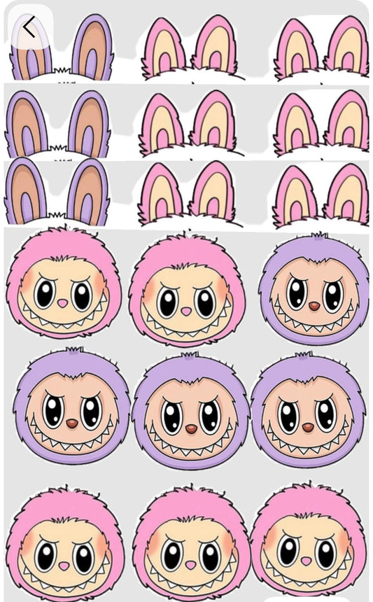Small Labubu (6) faces (6) ears edible images for cupcakes, cakes, cotton candy small etc