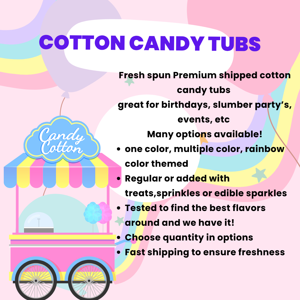 Party Cotton Candy tubs (Customize Available) Best flavors around! Set of 5 - add more quantity for more to pack